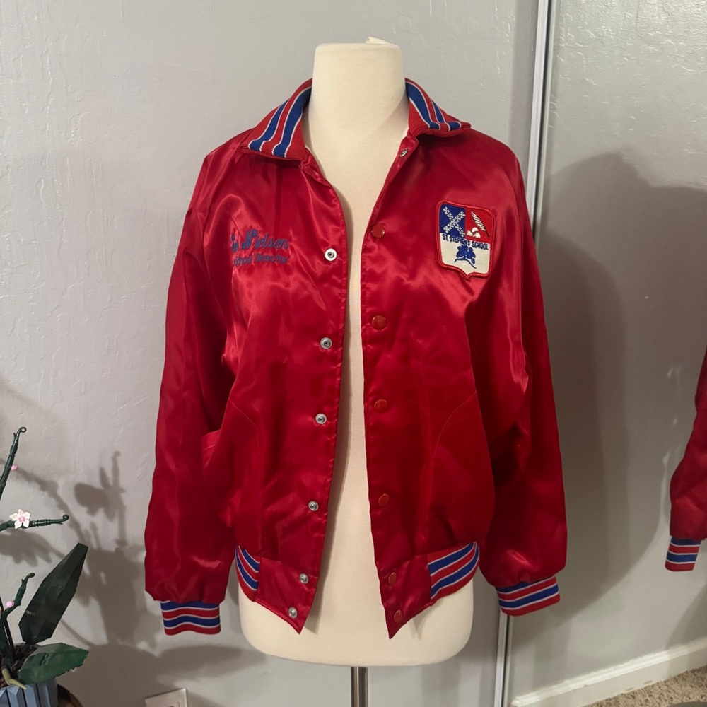 Vintage Red Satin Bomber Jacket with Blue & White Trim